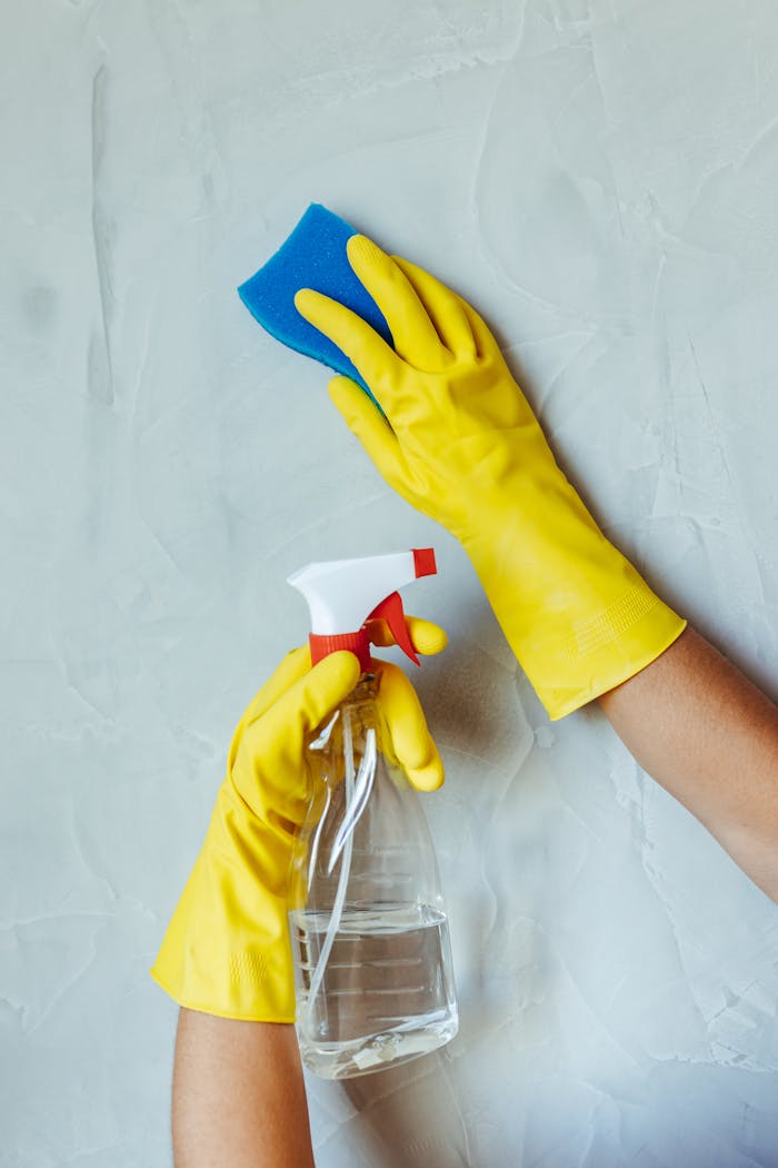 services-02 Hands in yellow gloves cleaning wall with sponge and spray bottle.